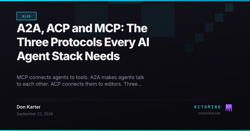 A layered diagram: editors on top, agents in the middle, tools at the bottom, connected by labeled protocol arrows