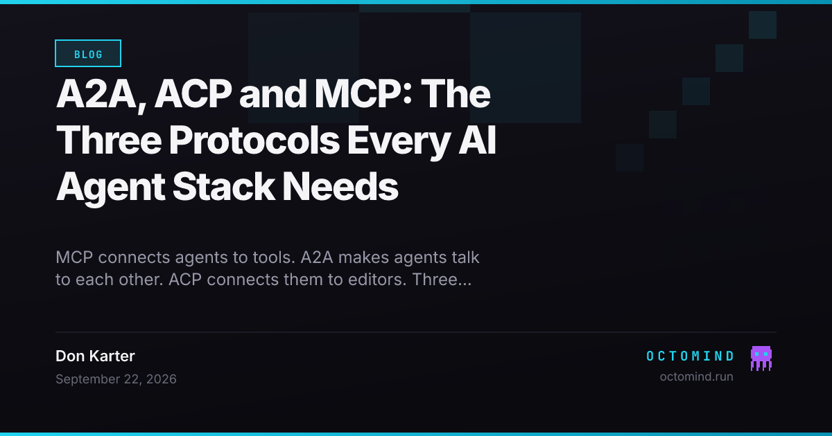 A layered diagram: editors on top, agents in the middle, tools at the bottom, connected by labeled protocol arrows