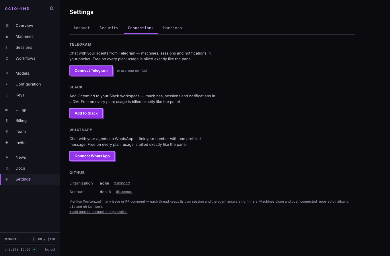 Settings → Connections: GitHub installations for an org and a personal account, with the @mention hint