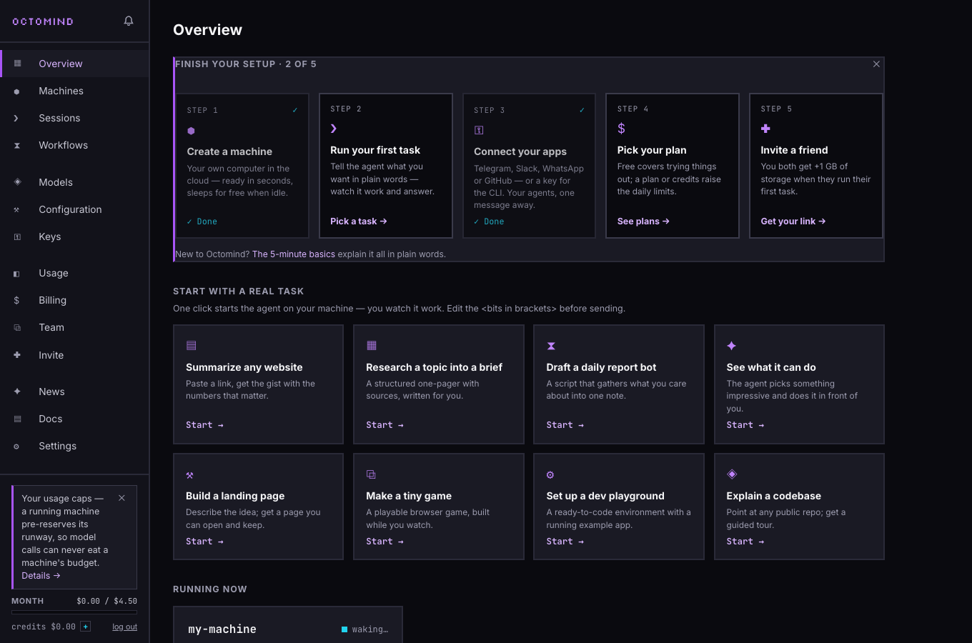 The Overview after the wizard: card-style setup progress and one-click starter tasks — summarize a website, build a landing page, research a brief
