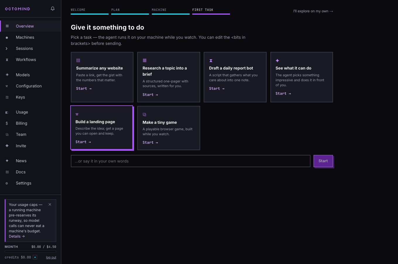 The first task step: real one-click tasks tuned to what you said you're here for, or say it in your own words