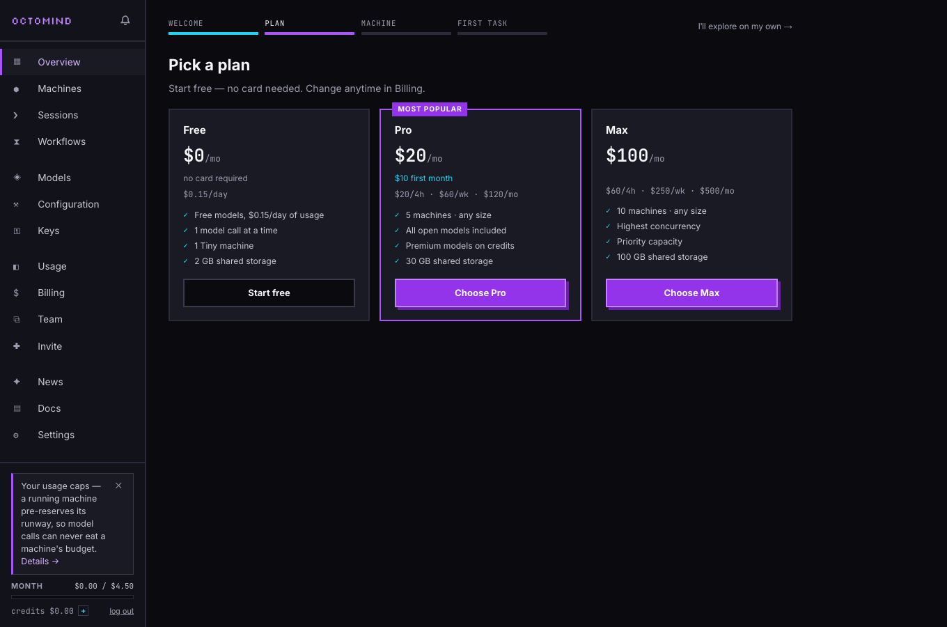 Plans, compared honestly: Free with no card, Pro most popular, Max — pick and go