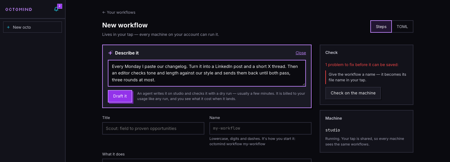 Describe it: a plain-words request typed into the box above an empty workflow