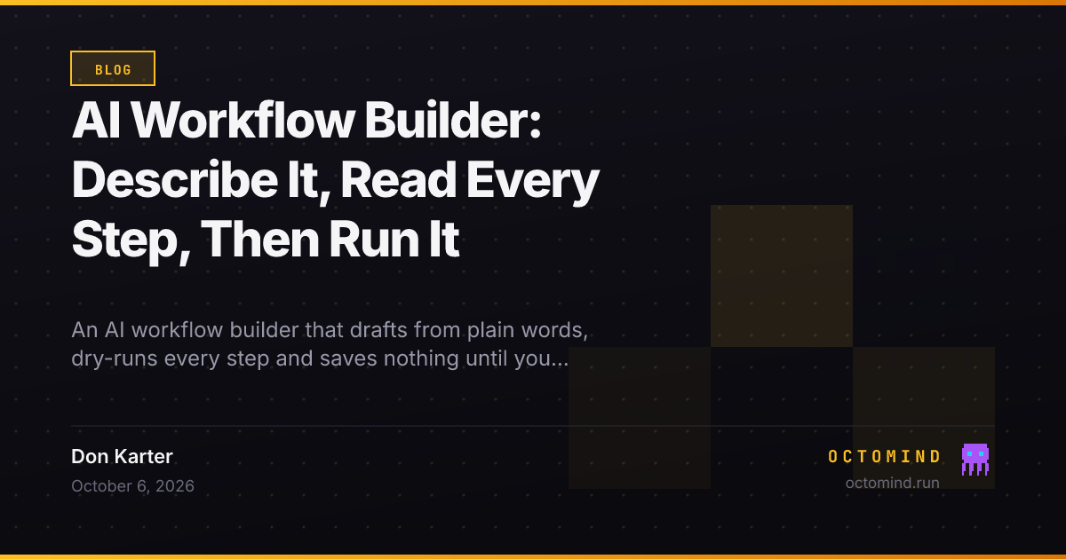 Workflows in Octomind Cloud, Yours tab: two saved workflows as cards, Weekly competitor brief and Support triage, and a Start a new one section led by Describe it