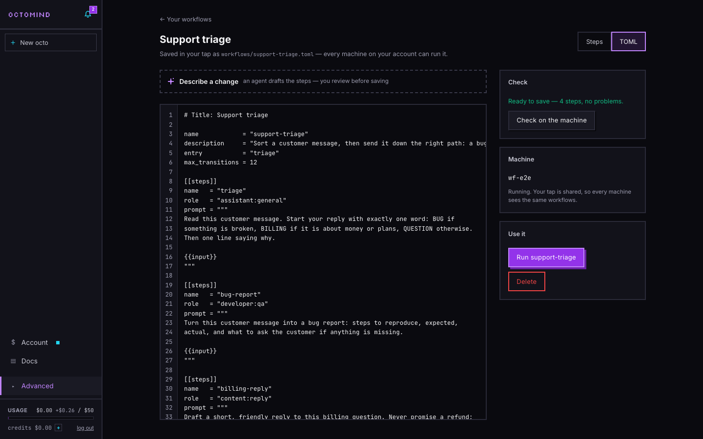 The same workflow as TOML: name, entry step, step limit, then each step with its agent and prompt