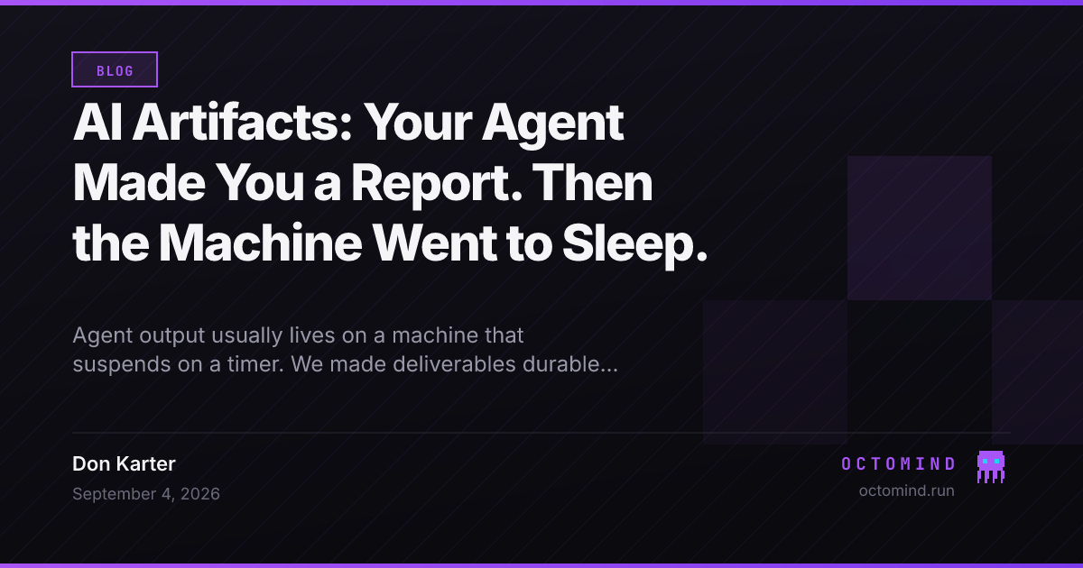 The Octomind Artifacts screen listing four kept files — a revenue report, a churn export, a dependency map and a chart — with sizes, a public-link badge, and storage used against the plan allowance