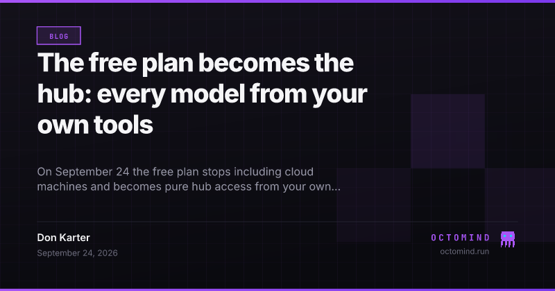 A terminal, an editor and a browser all pointed at one hub key, with a cloud machine moved behind the subscription line