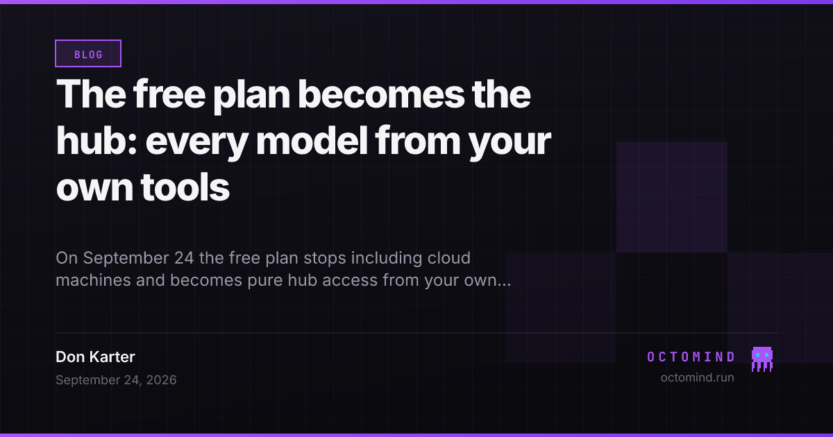 A terminal, an editor and a browser all pointed at one hub key, with a cloud machine moved behind the subscription line