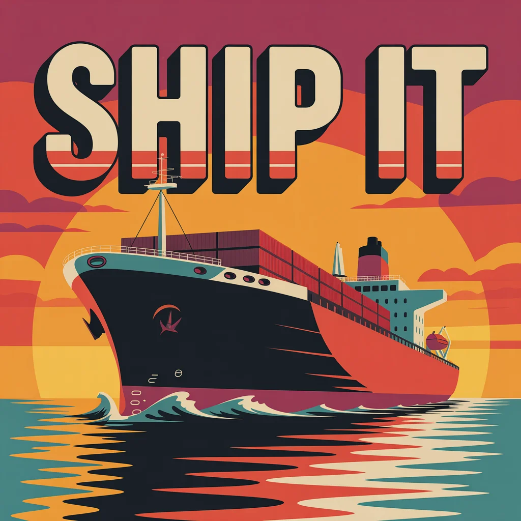 A retro travel poster reading SHIP IT in chunky 3D letters over a cargo ship at sunset — generated by the ideogram-v3 face