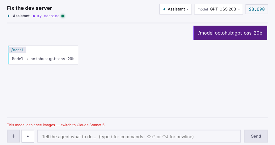 A session switched to GPT-OSS 20B: the attach button is greyed out and a red line under the composer reads "This model can't see images — switch to Claude Sonnet 5." Nothing was uploaded