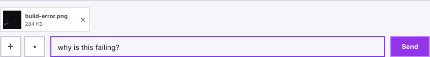 The Octomind composer with a screenshot attached: a thumbnail chip showing build-error.png at 284 KB, a remove button, and the caption "why is this failing?" typed beside it