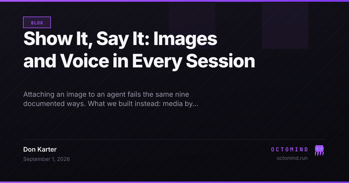 A session in the Octomind panel with a screenshot attached to a message, the agent reading the error out of the picture, and a voice note arriving in the same session from a phone