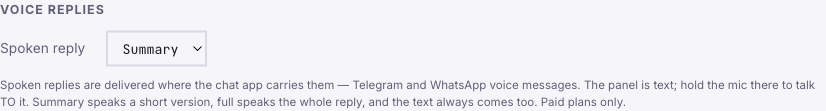 The Voice replies setting: a Spoken reply dropdown set to Summary, with the note that spoken replies are delivered where the chat app carries them — Telegram and WhatsApp voice messages — and that the text always comes too