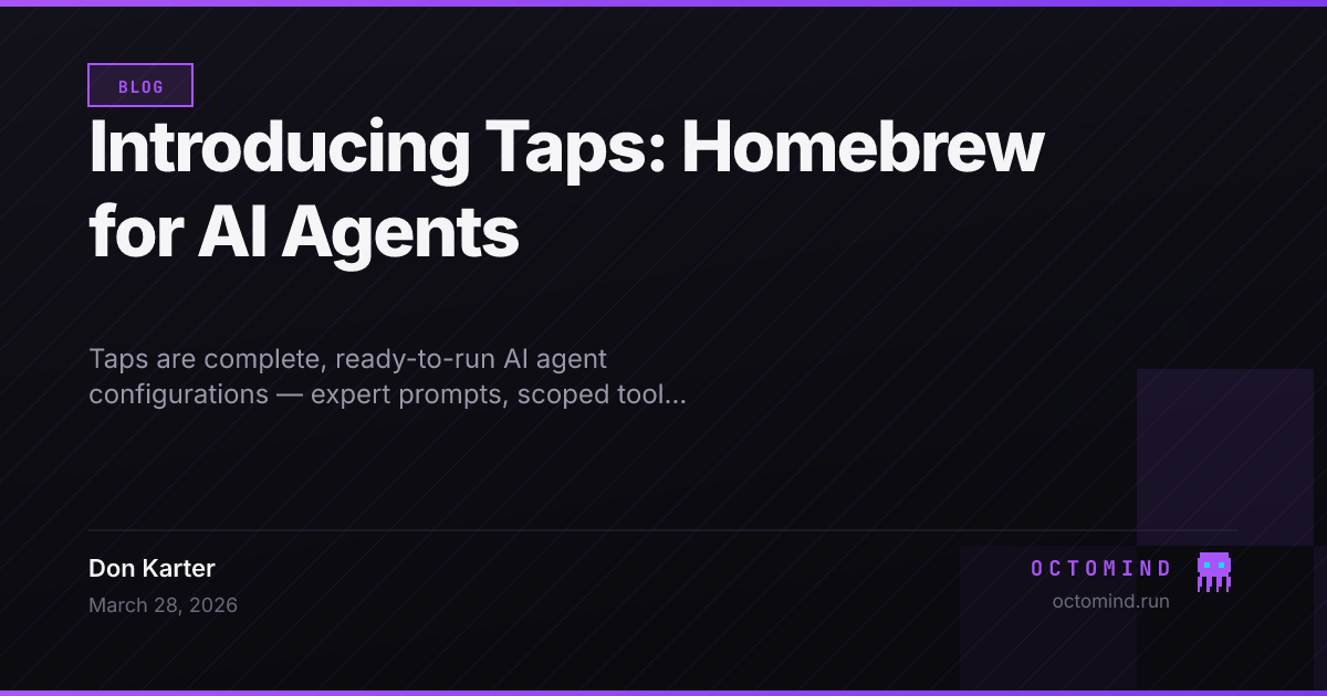 Three cards representing Octomind tap types — Agents, Skills, and Capabilities
