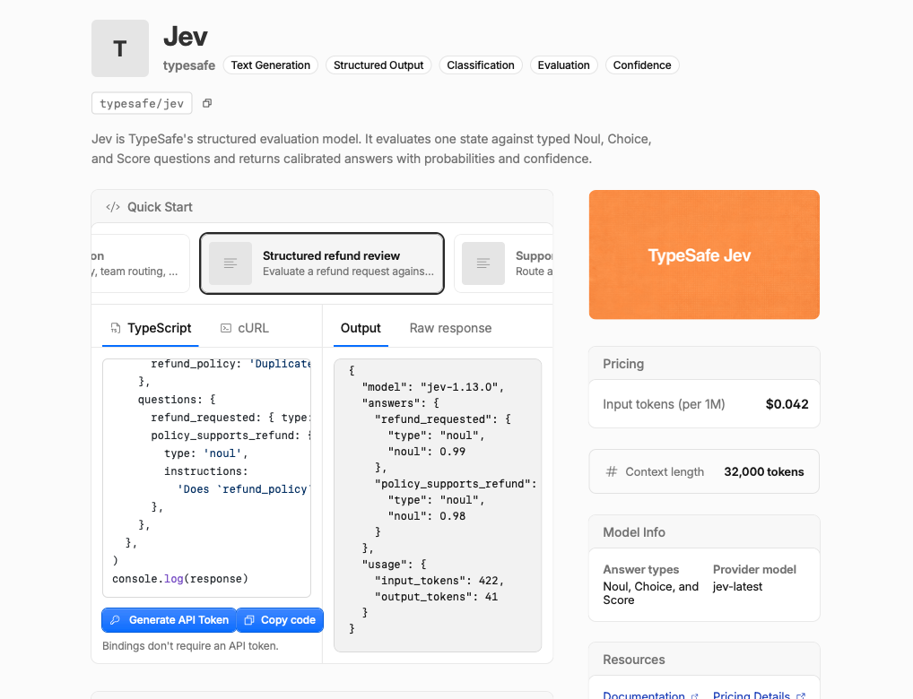 Jev in the Cloudflare AI model catalog: typesafe/jev, $0.042 per million input tokens, 32,000-token context, a structured refund review quick start returning two Noul answers