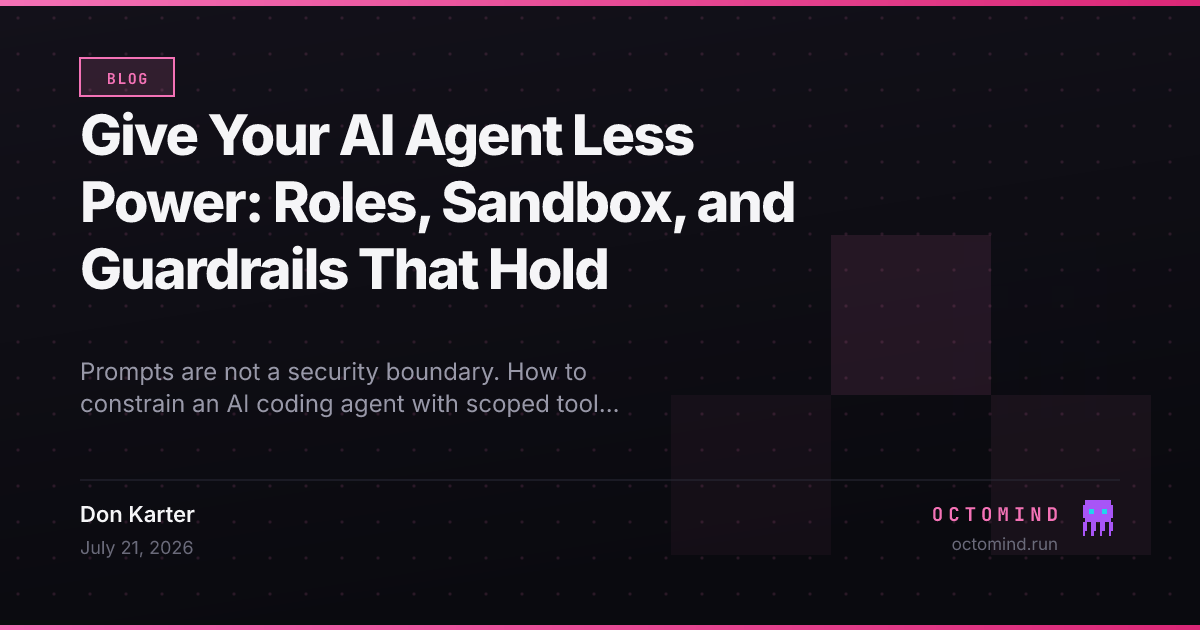 An AI agent constrained by layered controls — scoped tool permissions, a filesystem sandbox, and guardrail rules