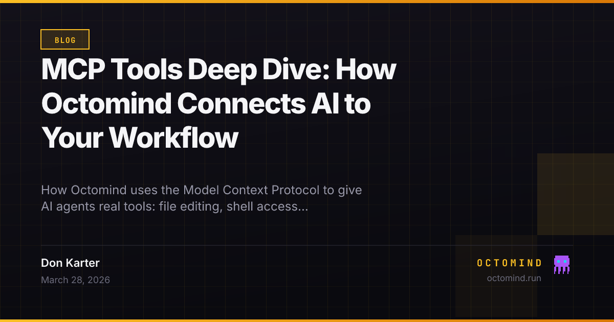 Hub-and-spoke diagram showing MCP server connecting to file, shell, web, and code tools