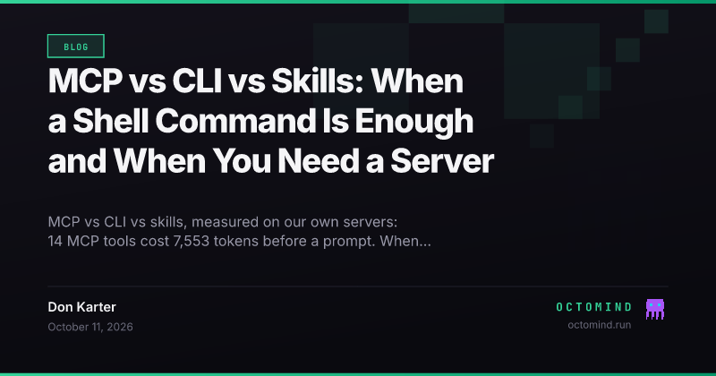 MCP vs CLI vs skills compared by context cost: MCP tool schemas, CLI help text and SKILL.md files measured on Octomind servers