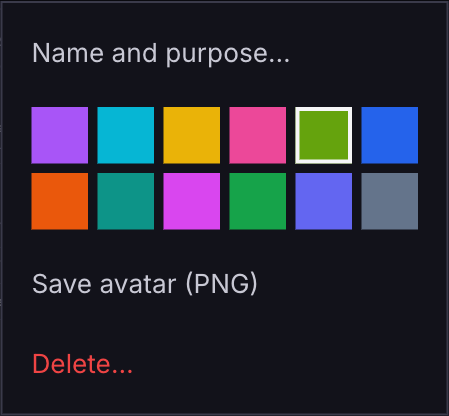 The ⋯ menu on an octo: rename, twelve colours to pick from, and Save avatar as a PNG