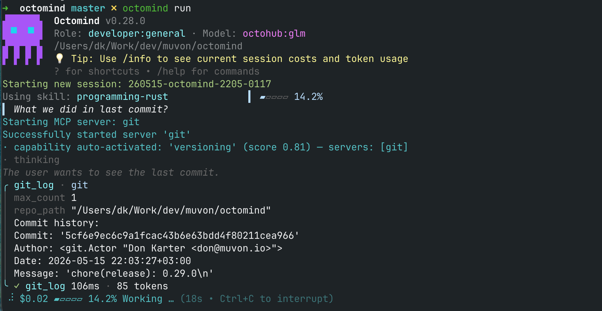 Octomind v0.28.0 startup banner — purple pixel-art octopus icon on the left, version and "Role: developer:general · Model: octohub:glm" on the right, working directory and tip line below, session ID and skill activation logs underneath in clean column layout
