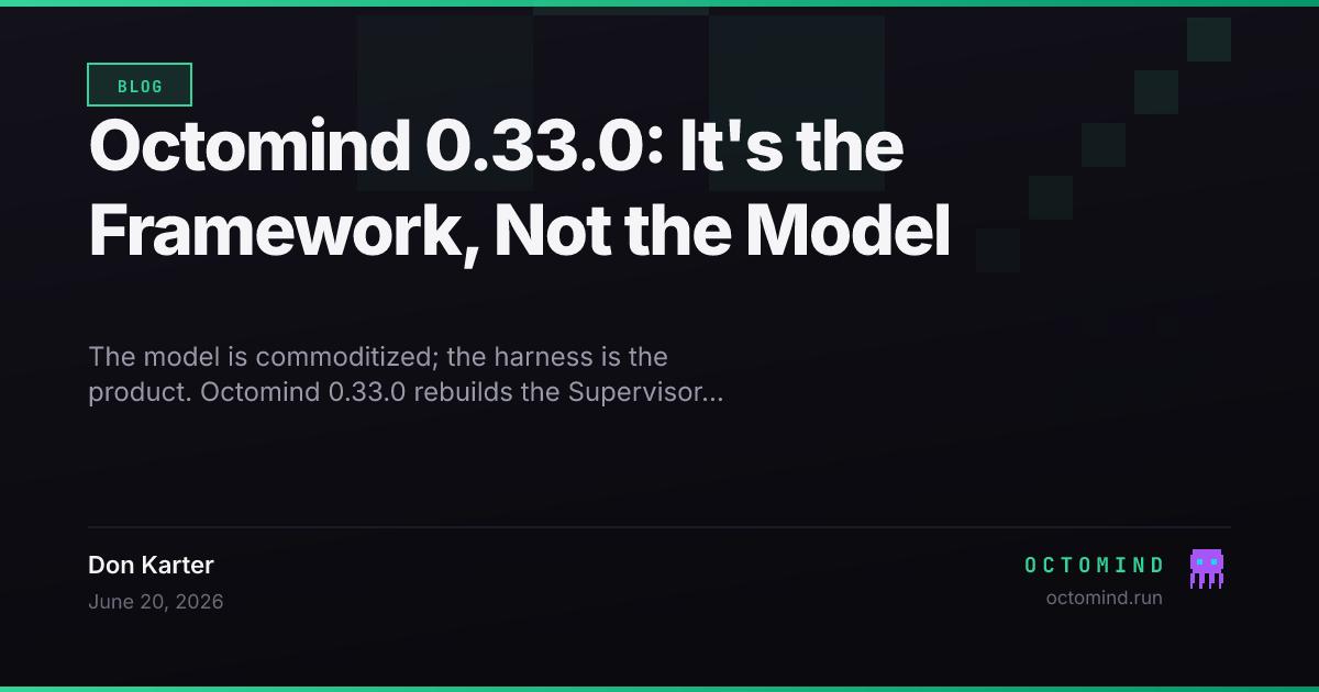 Octomind 0.33.0 — the Supervisor becomes a full agent-steering framework (six free detectors, research-grounded steering, claim verification, circuit-breaker), benchmarked with octobench on real SWE-bench-Live issues; the differentiator is the framework around the model, not the model itself
