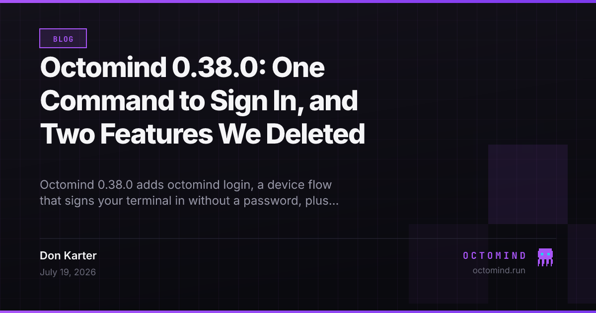 Octomind 0.38.0 — a device-authorization login flow signs the CLI in through the browser and stores a per-machine hub key plus a refreshing panel session, a new /usage command draws spend and quota bars across the CLI, WebSocket and ACP lanes, a user-scope .env lets one credential serve every project, and two speculative supervisor features (stale tool result masking and mid-turn plan recitation) are removed after an A/B showed they raised cost per solved instance