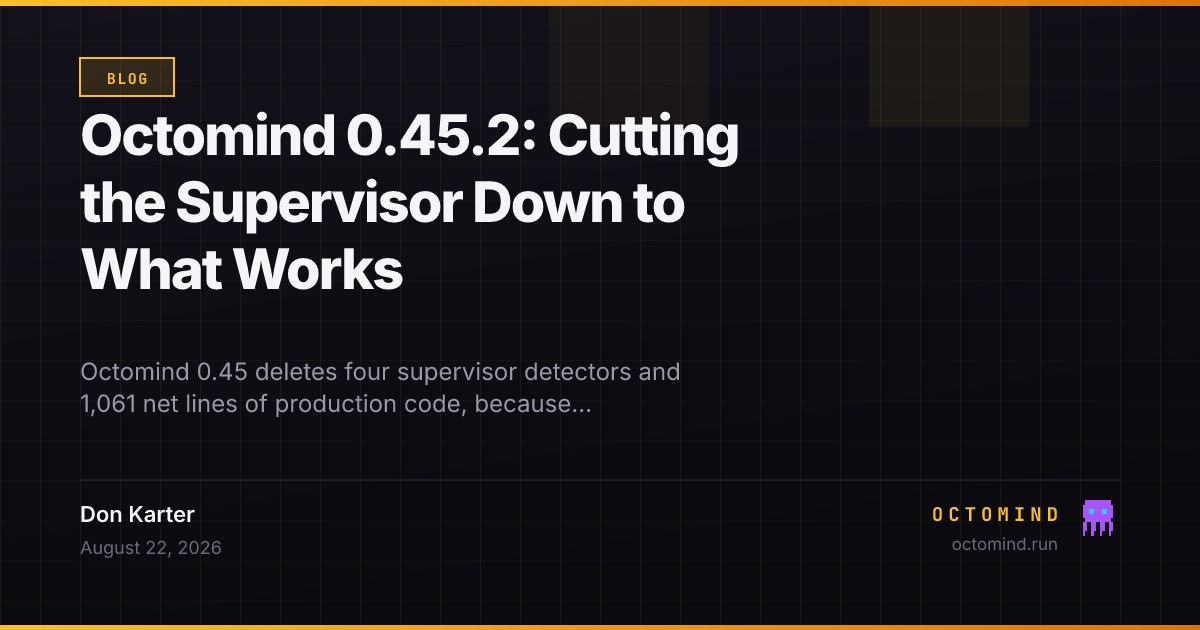 Octomind 0.45 removes the truncation, dedup and embedding-drift detectors along with the compaction fidelity pass, deleting a net 1,061 lines of production code while adding 10,404 lines of tests; the release adds @file mentions with filesystem path completion, MCP tool-call progress routed into the live spinner, verify-gate readback and stall detection, and compression fixes that stop the summary from eating the user request