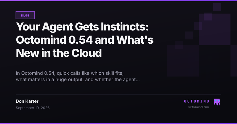 Octomind 0.54 and what's new in the cloud: a fast evaluation model answers the agent's quick yes/no, pick-one and score decisions while the main model does the real work