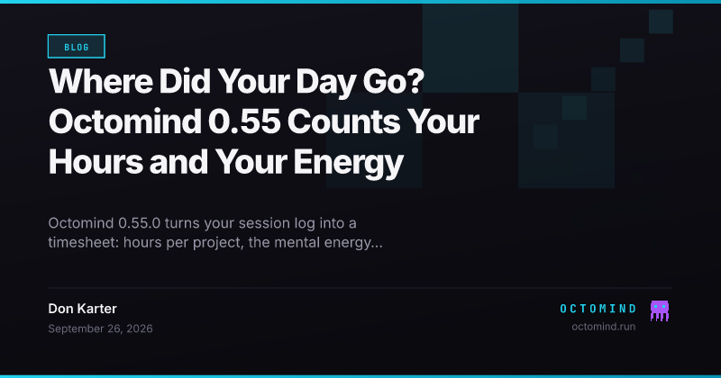 Octomind 0.55 /report day: a terminal table of two agent sessions with human time, code-review minutes, energy in deep-hour equivalents, lines changed and share read, above a 1h 59m timesheet total and 2.38 of 4 DHE