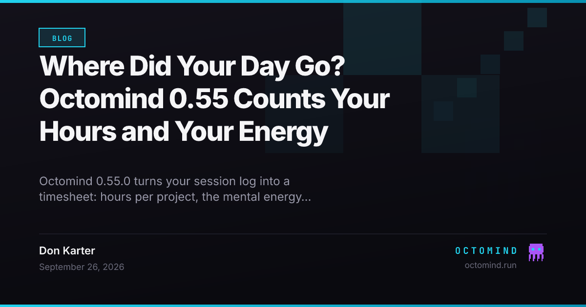Octomind 0.55 /report day: a terminal table of two agent sessions with human time, code-review minutes, energy in deep-hour equivalents, lines changed and share read, above a 1h 59m timesheet total and 2.38 of 4 DHE