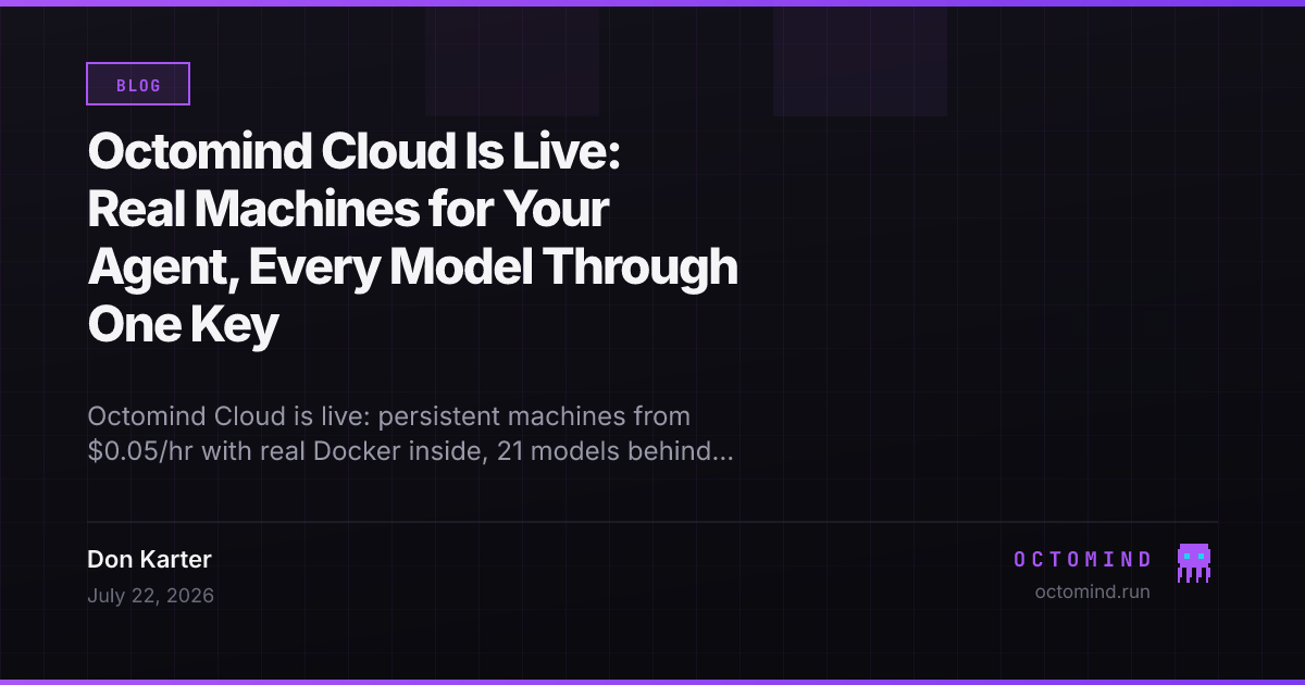 The Octomind panel showing cloud machines and the model hub — one key, one wallet, transparent prices