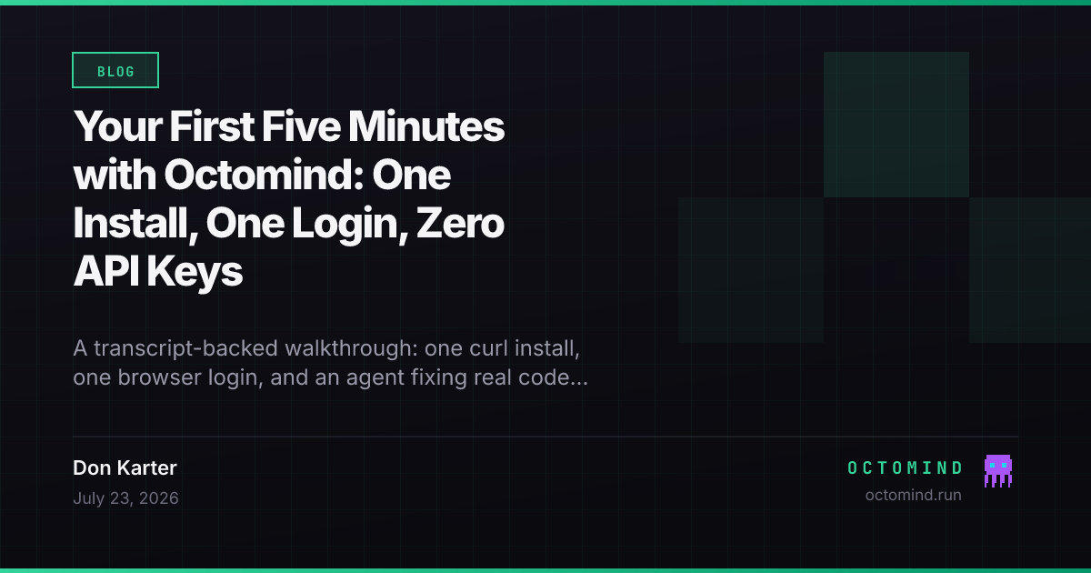 A terminal walkthrough — curl install, device login, and an agent fixing a bug through the Octomind Hub