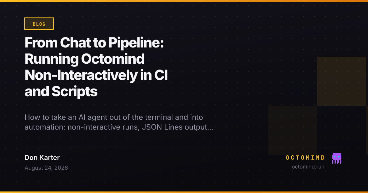 An AI agent running non-interactively inside a CI pipeline, emitting structured JSON output for downstream tooling