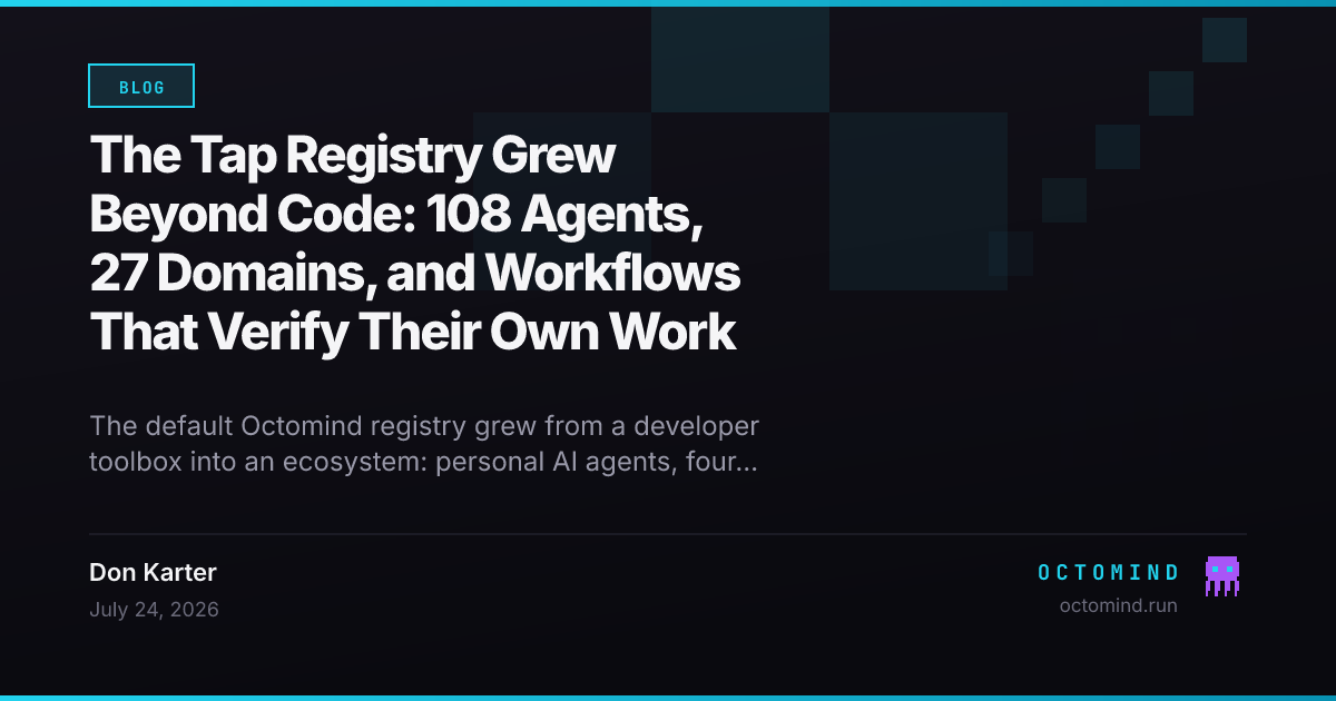 The Octomind Tap registry — agent domains radiating from one command, from developer to family to finance