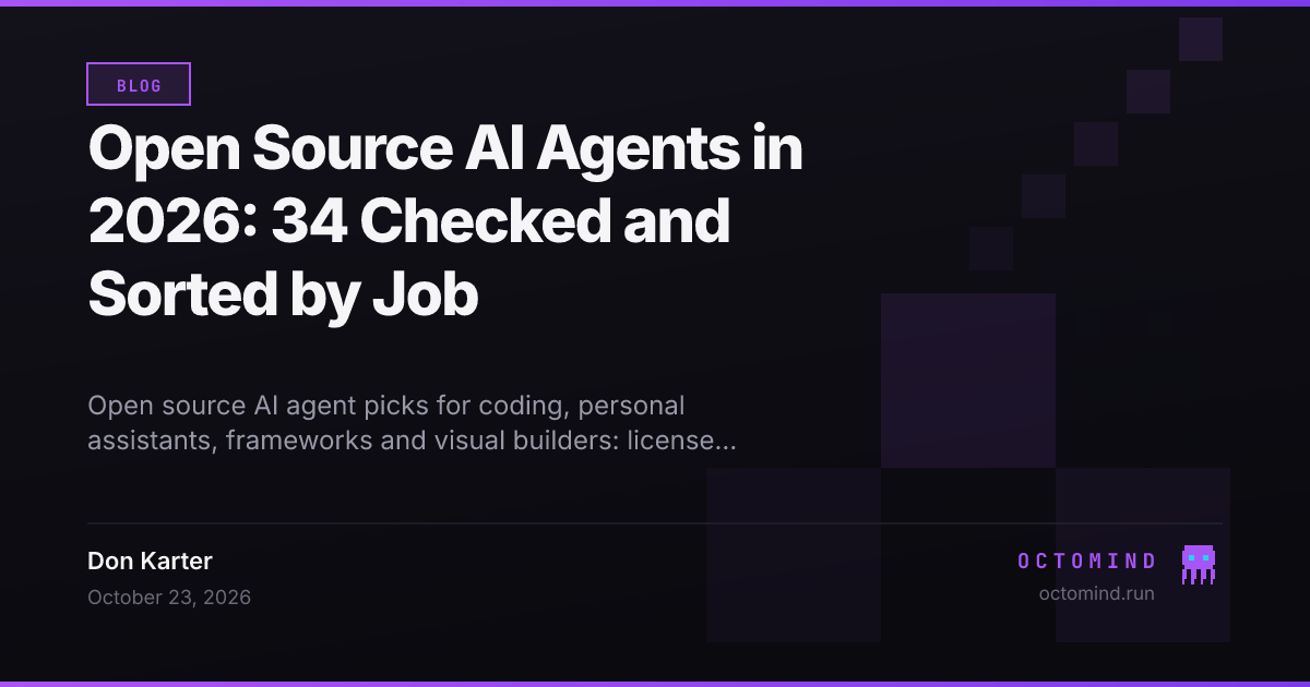 A table of open source AI agents grouped by job (coding, personal assistant, framework, visual builder) with license, stars and last release