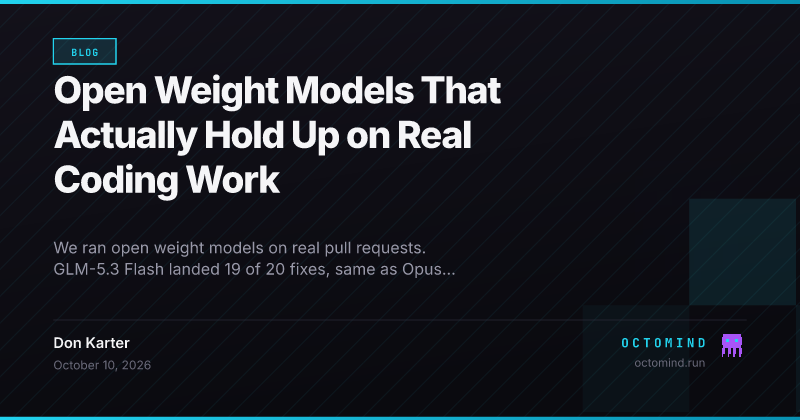 Benchmark scoreboard comparing open weight models GLM-5.3 and GLM-5.3 Flash with closed weight Claude Opus and GPT models on 20 real pull requests, solved count and total cost