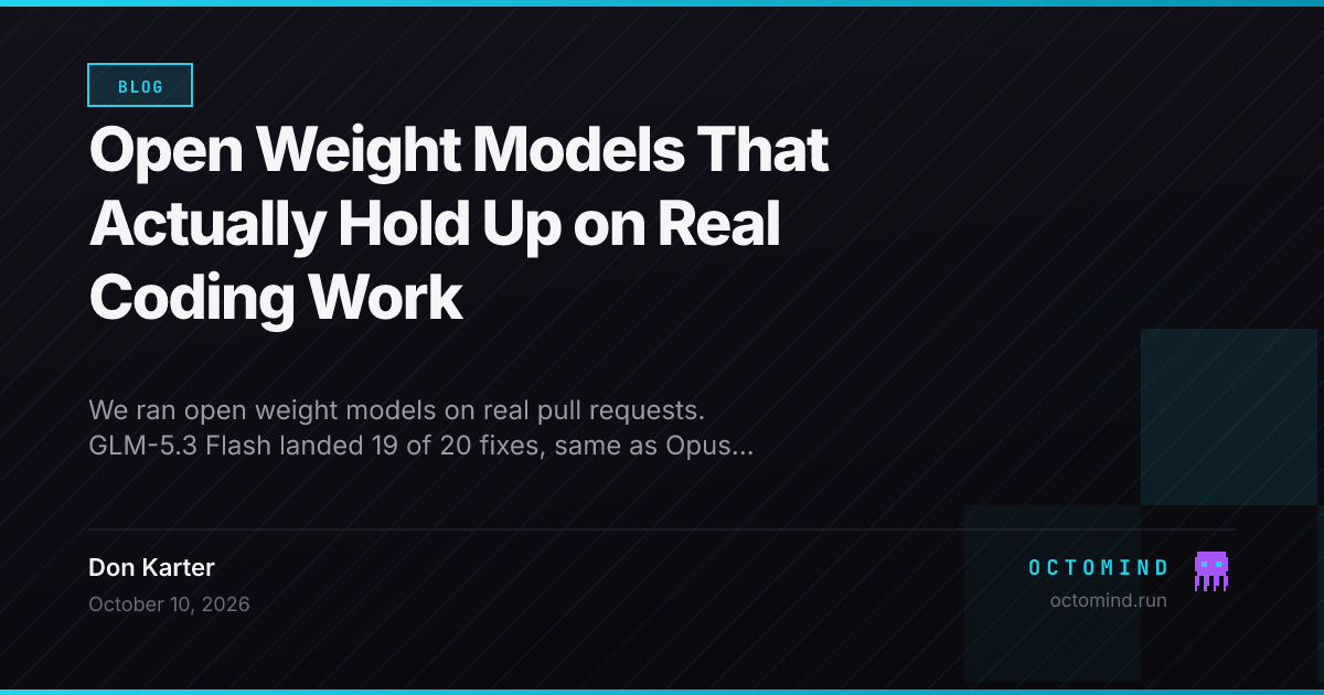 Benchmark scoreboard comparing open weight models GLM-5.3 and GLM-5.3 Flash with closed weight Claude Opus and GPT models on 20 real pull requests, solved count and total cost