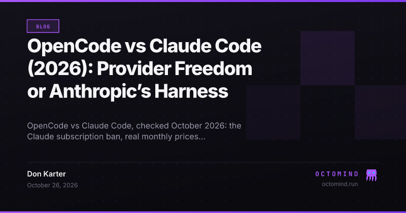 OpenCode and Claude Code side by side, with a decision table of models, monthly prices, safety defaults and real-PR benchmark results