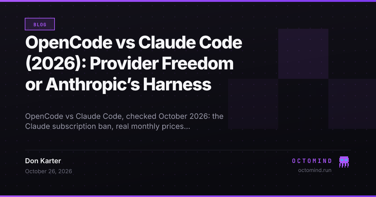OpenCode and Claude Code side by side, with a decision table of models, monthly prices, safety defaults and real-PR benchmark results