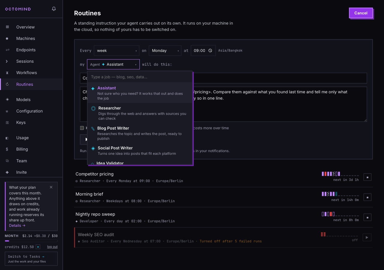 The agent picker open on the routine form, listing Assistant, Researcher, Blog Post Writer, Social Post Writer and more, each with a one-line description of what it does