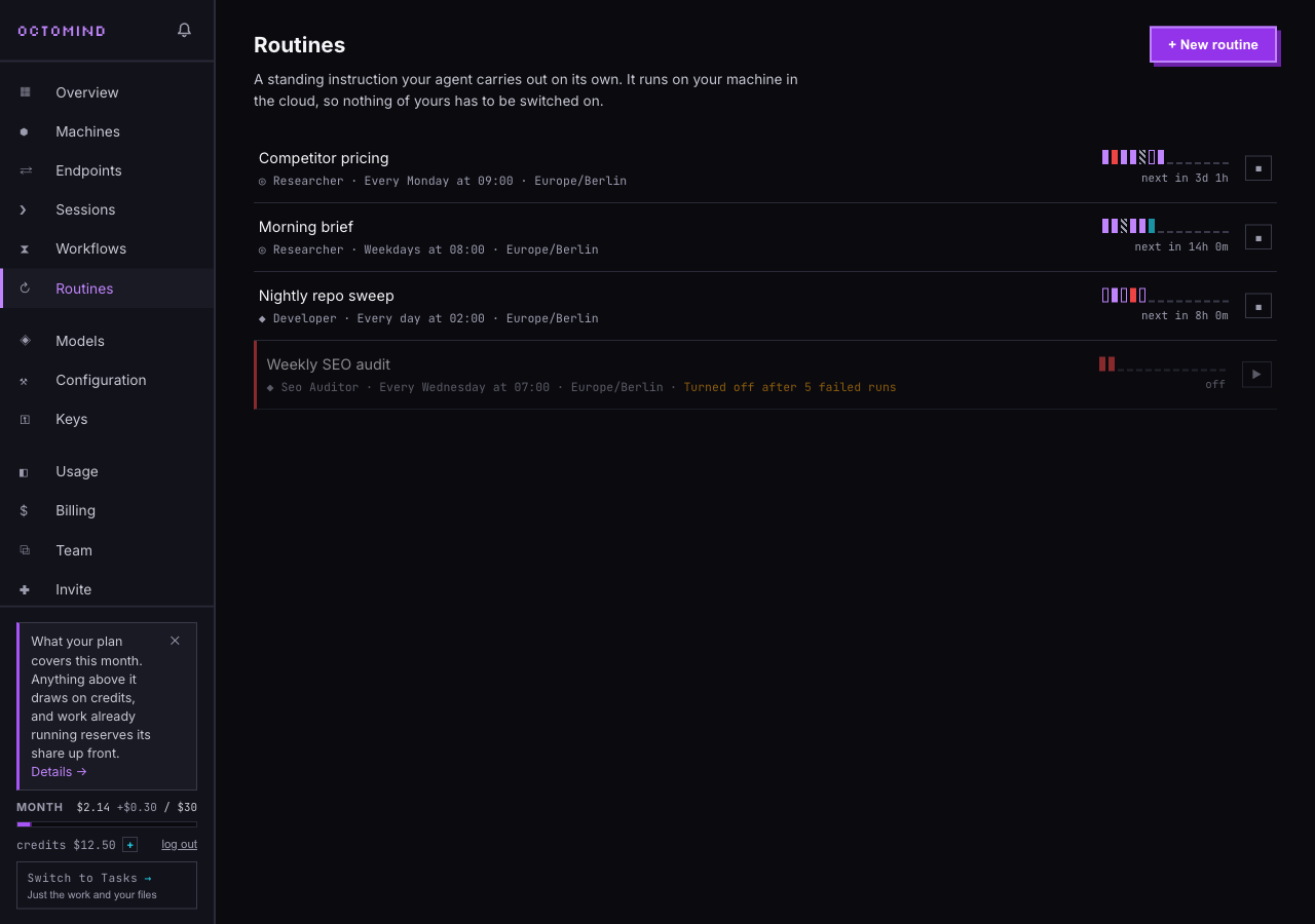 The routines list: four routines, each with its schedule in words, a heartbeat strip of recent outcomes, and the next run time — with a disabled one showing why it was turned off