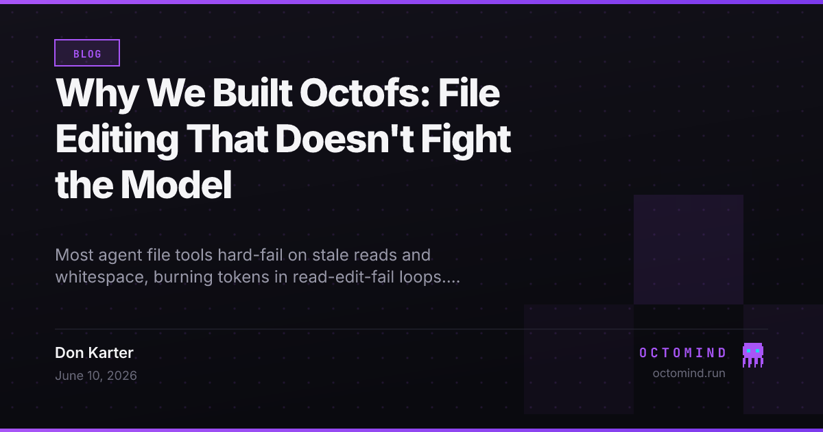 Octofs filesystem MCP server design diagram — a three-stage edit matching cascade (exact match, whitespace-normalized fuzzy match, closest-match diagnostics) feeding a diff-as-result loop, with 4-char content-hash line addressing replacing line numbers