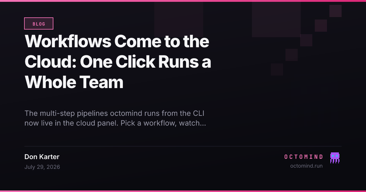 A workflow run in the Octomind cloud panel — a pipeline of specialist steps lighting up live, with the finished result and its files below
