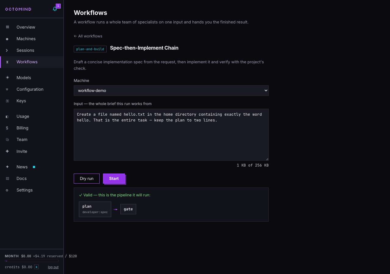 The new-run screen: pick a machine, paste the whole input, and dry-run the pipeline before anything spends