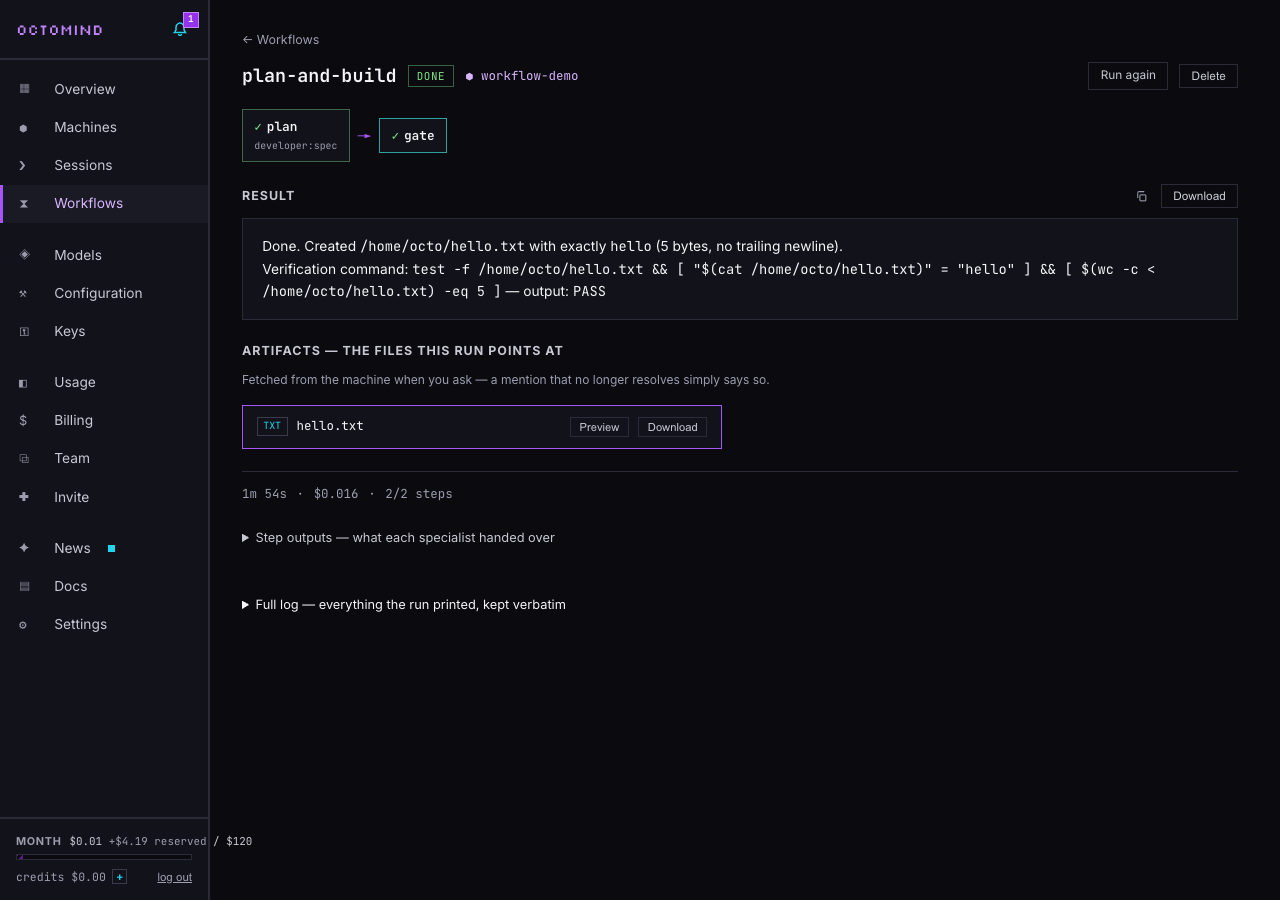 A finished run, live from the panel: every step checked, the verified result, and the file it created one click away