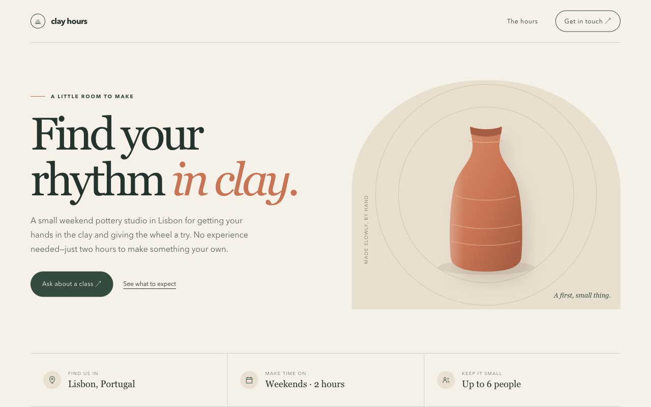 A landing page for Clay Hours, a pottery studio in Lisbon