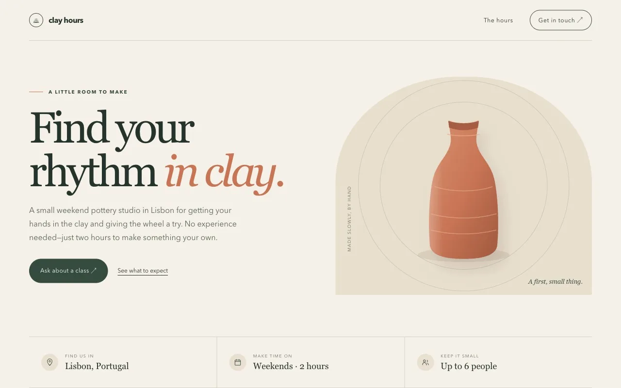 The Clay Hours landing page an octo built: the headline "Find your rhythm in clay." beside a terracotta vase, an "Ask about a class" button, and a strip reading Lisbon, Portugal, Weekends 2 hours, Up to 6 people